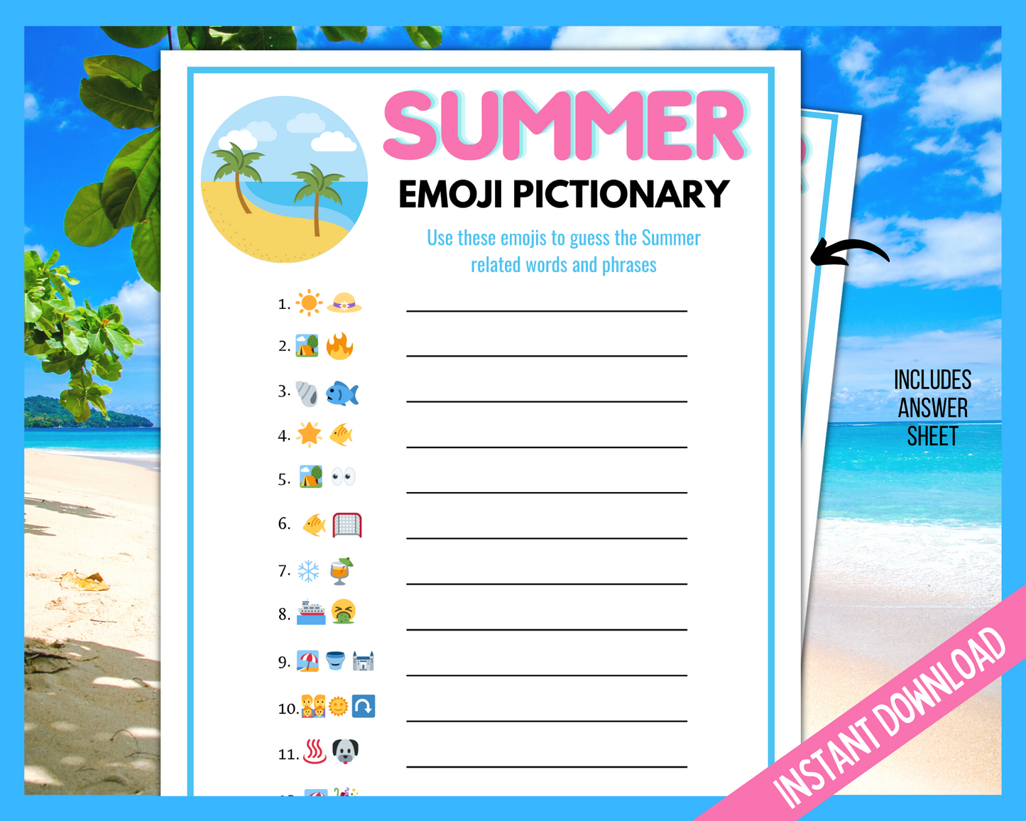 Summer Emoji Pictionary Game Printable