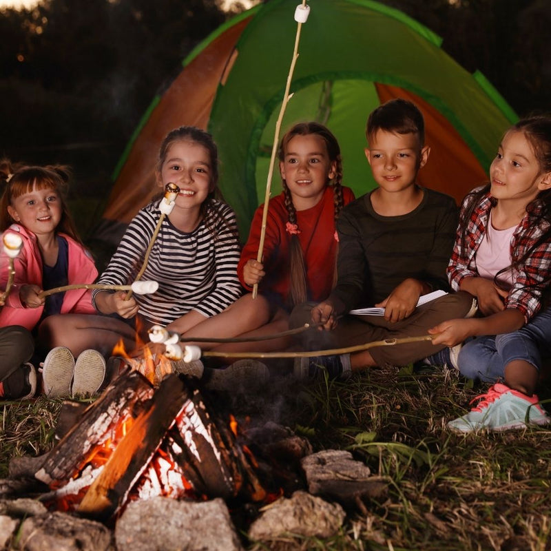 Kids in a tent roasting marshmallows in backyard camping sleepover