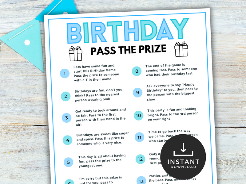 Blue Birthday pass the prize printable game