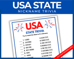 USA Match the State Nickname Printable Game