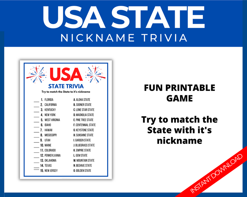 USA State Trivia Printable Party Game