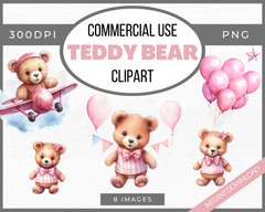 Pink watercolor teddy bear clipart pack