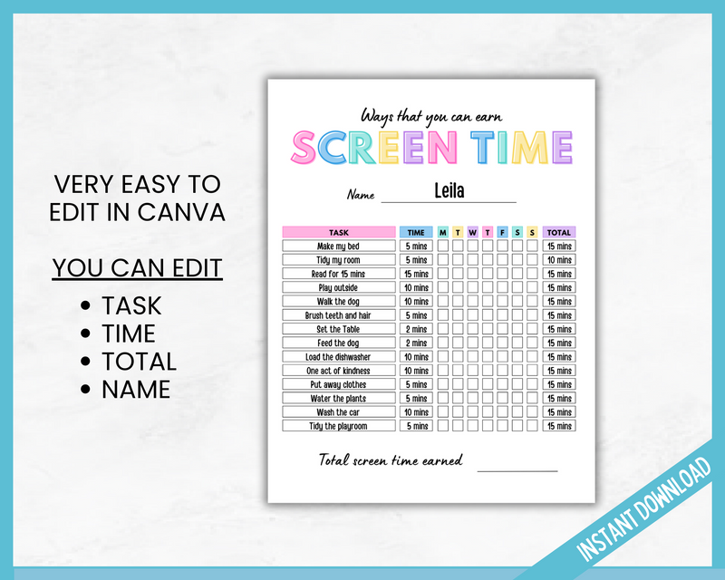 Editable in Canva Ways to earn screen time tracker