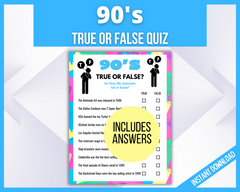 1990s Trivia Game True or False Quiz