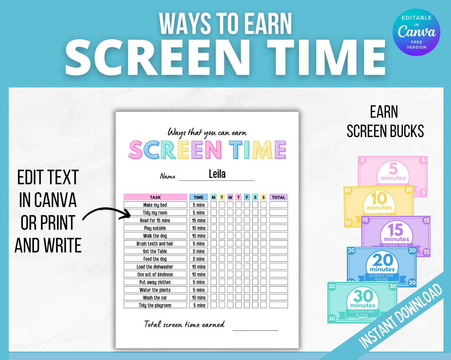 Editable kids earn screen time checklist