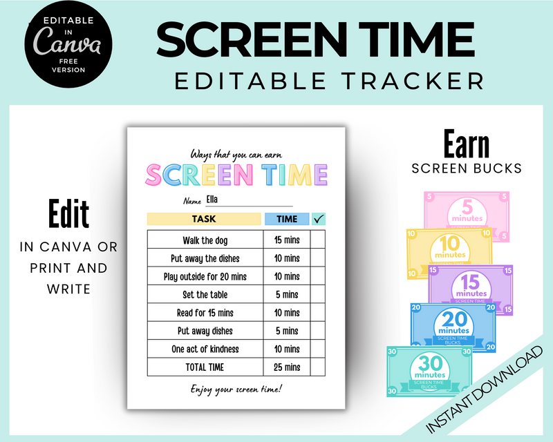 Editable Kids Screentime checklist