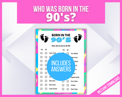 Printable 90s Party Game, guess who was born in 1990s