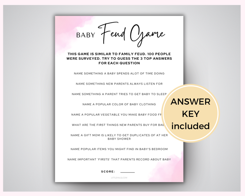 Baby shower printable family feud game pink