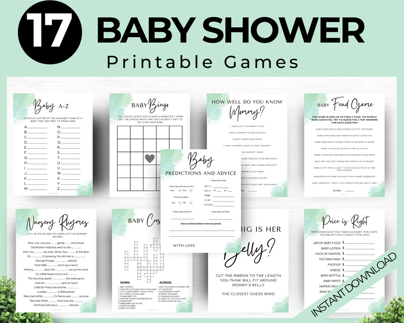 Printable Minimalist Baby Shower Games Bundle Green