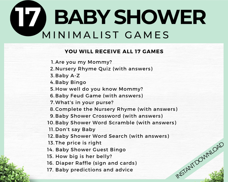 Modern baby shower games bundle of 17 games