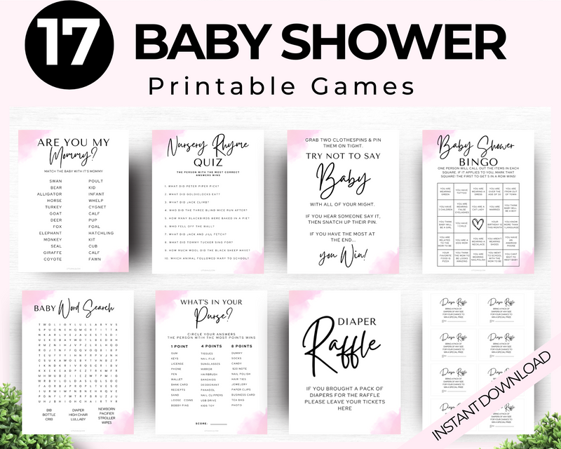 Printable Minimalist Baby Shower Games bundle pink