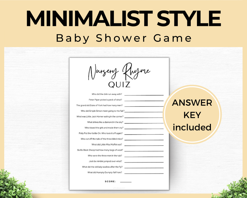 Minimalist black and white baby shower nursery rhyme quiz