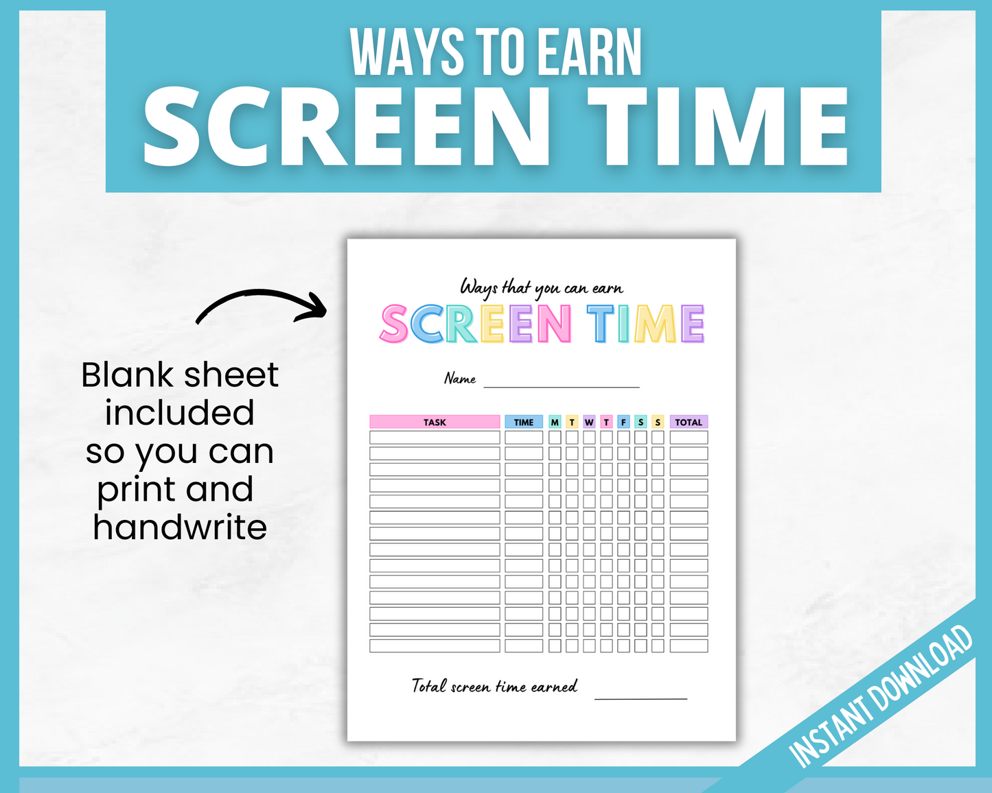 Printable Kids Ways to Earn Screentime tracker