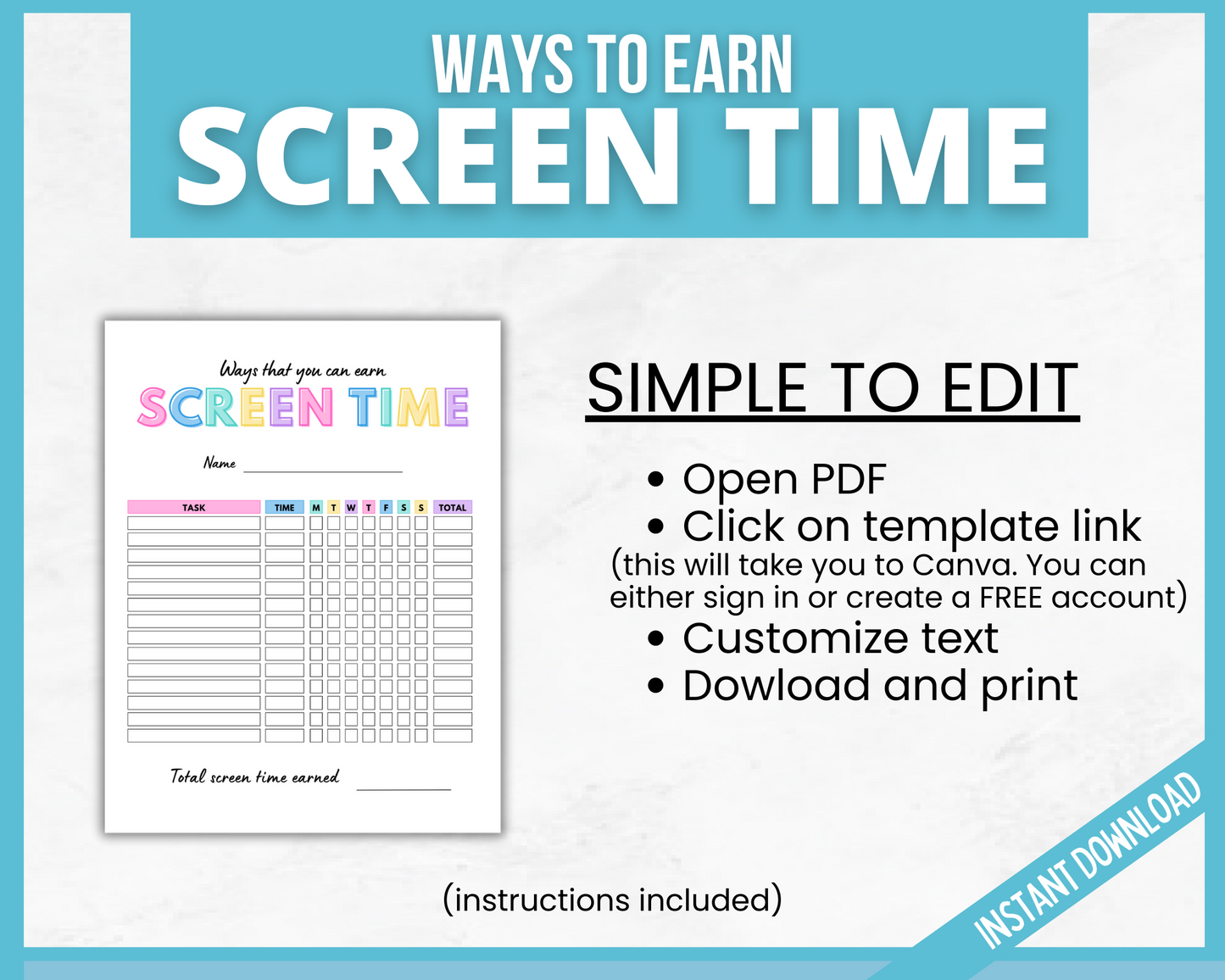 Editable in canva screentime kids planner