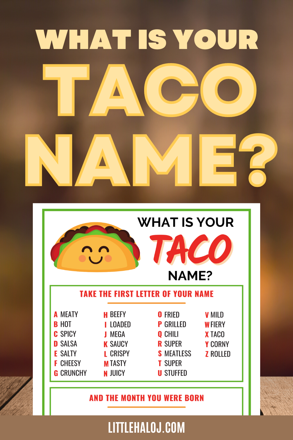 Printable Whats your taco name game