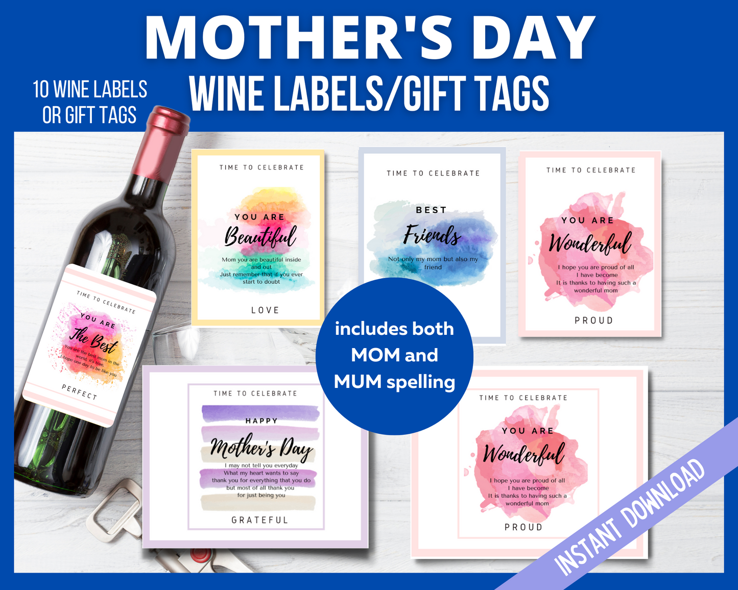 Printable Mothers Day Wine Labels and Gift Tags