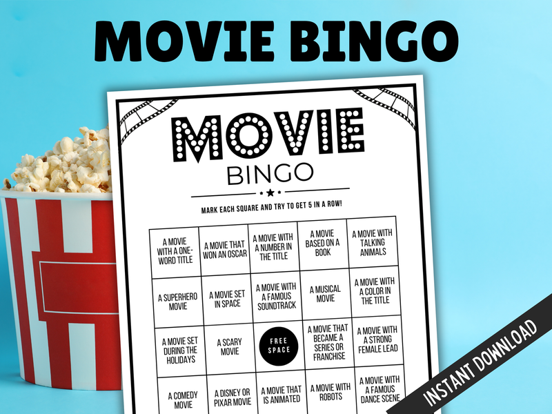 Movie bingo sheet with popcorn and a bucket on a blue background