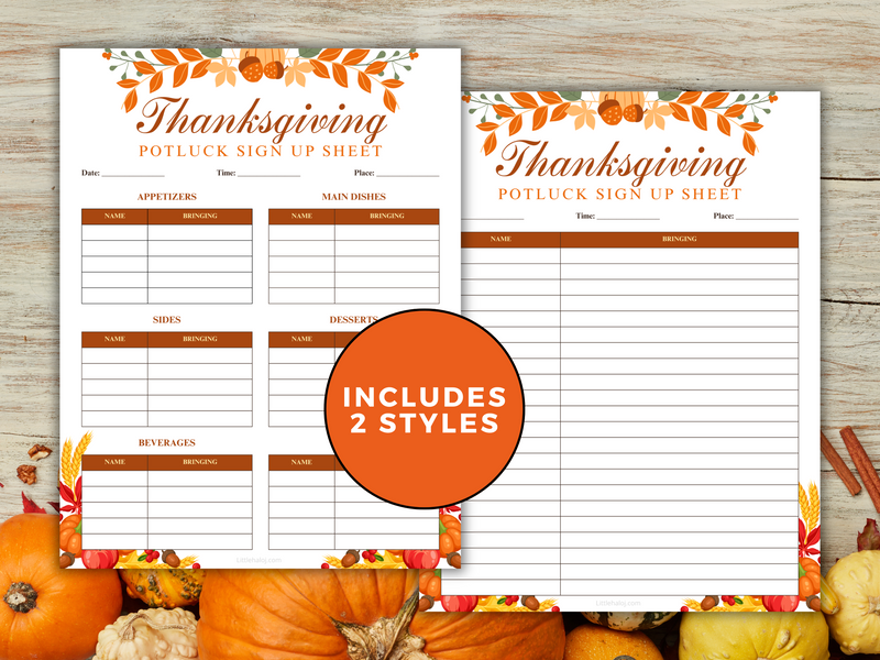 Thanksgiving Potluck Sign-Up Sheet