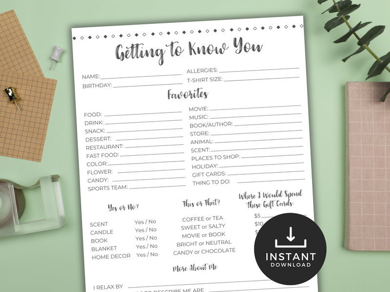 Getting to know you printable questionnaire