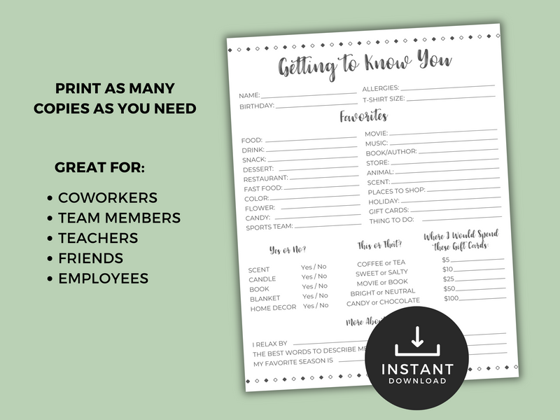 Getting to know you printable questionnaire