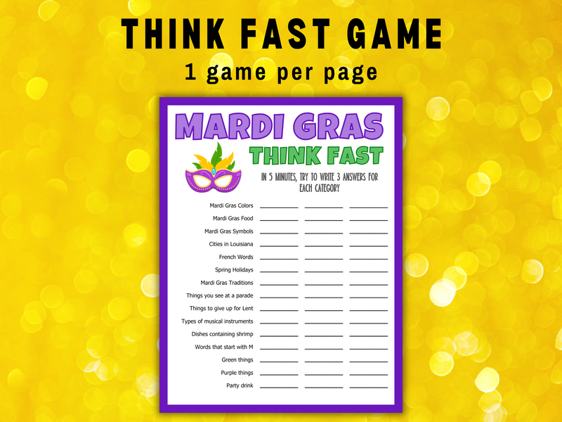 Mardi Gras Think Fast printable game