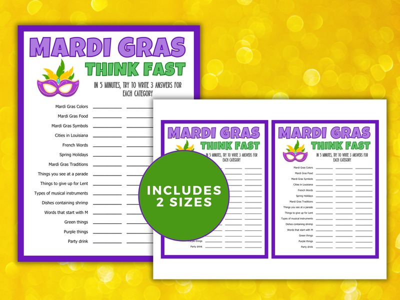 Mardi Gras Think Fast printable game