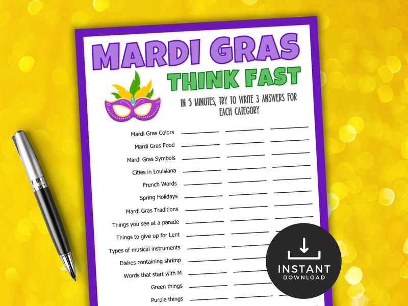 Mardi Gras Think Fast printable game