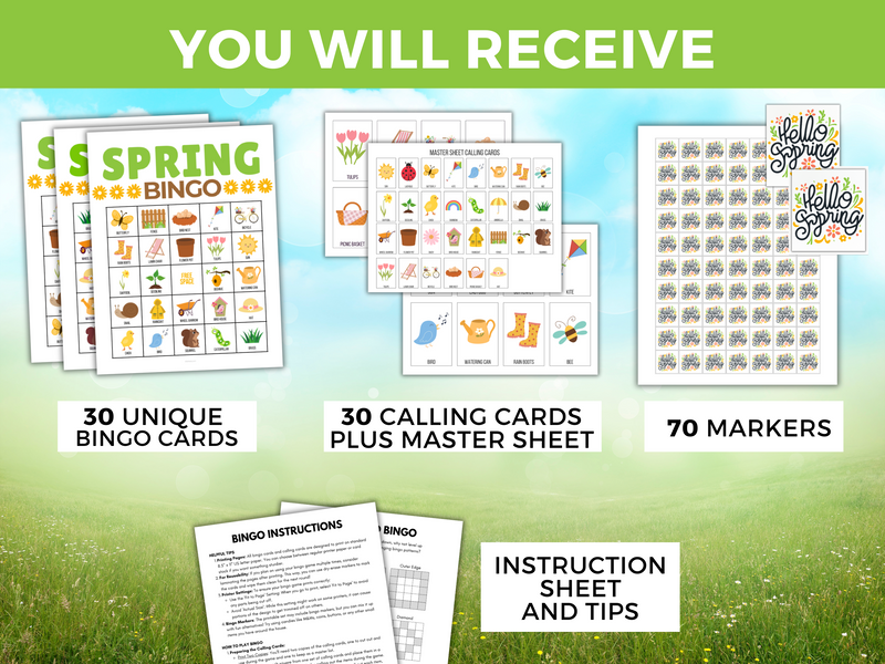 Spring Bingo Game 30 Unique Cards