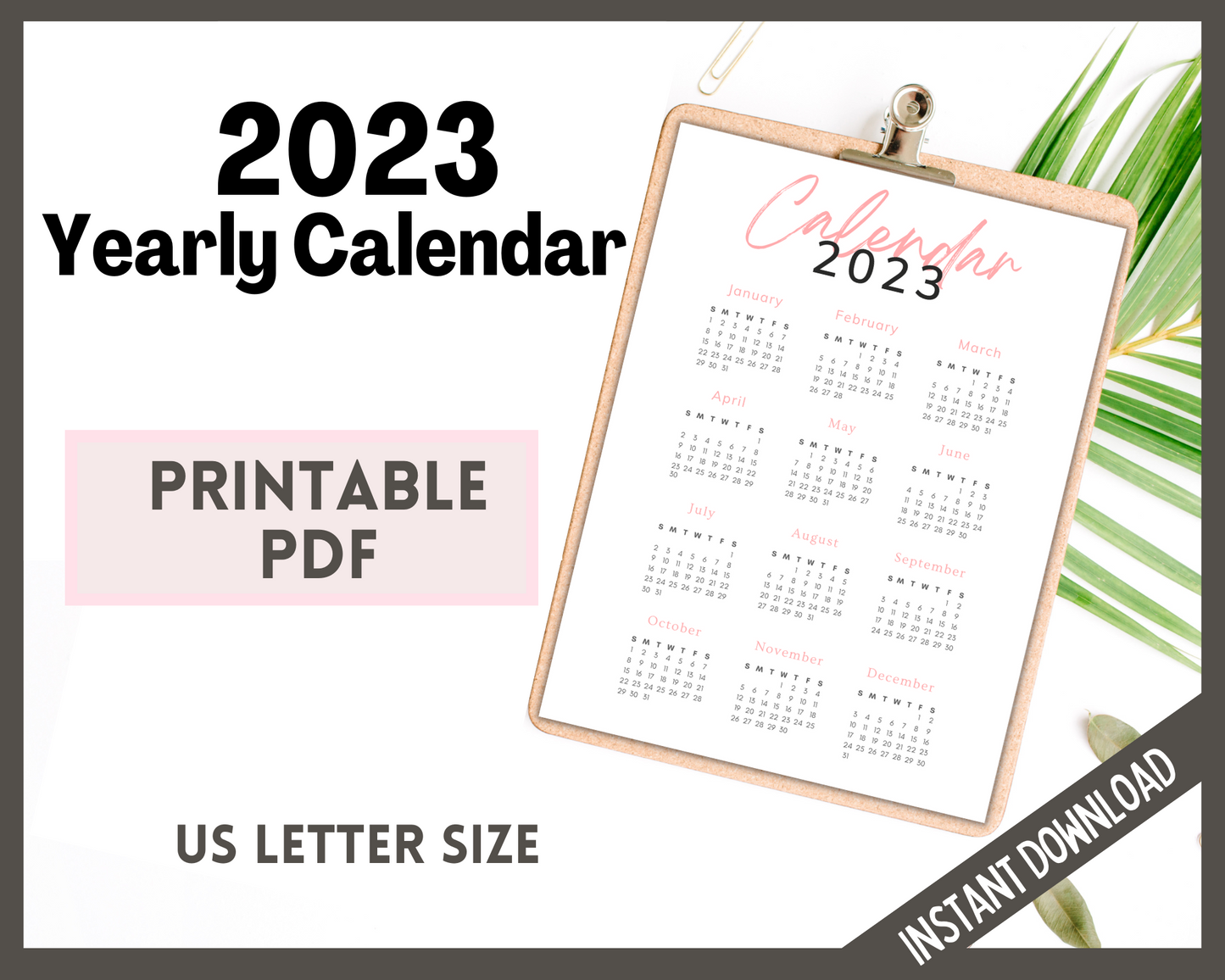 Printable Yearly 2023 Calendar in pink