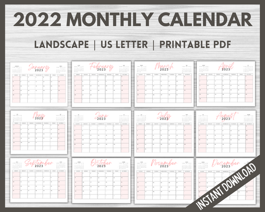 Pink 12 month printable calendar