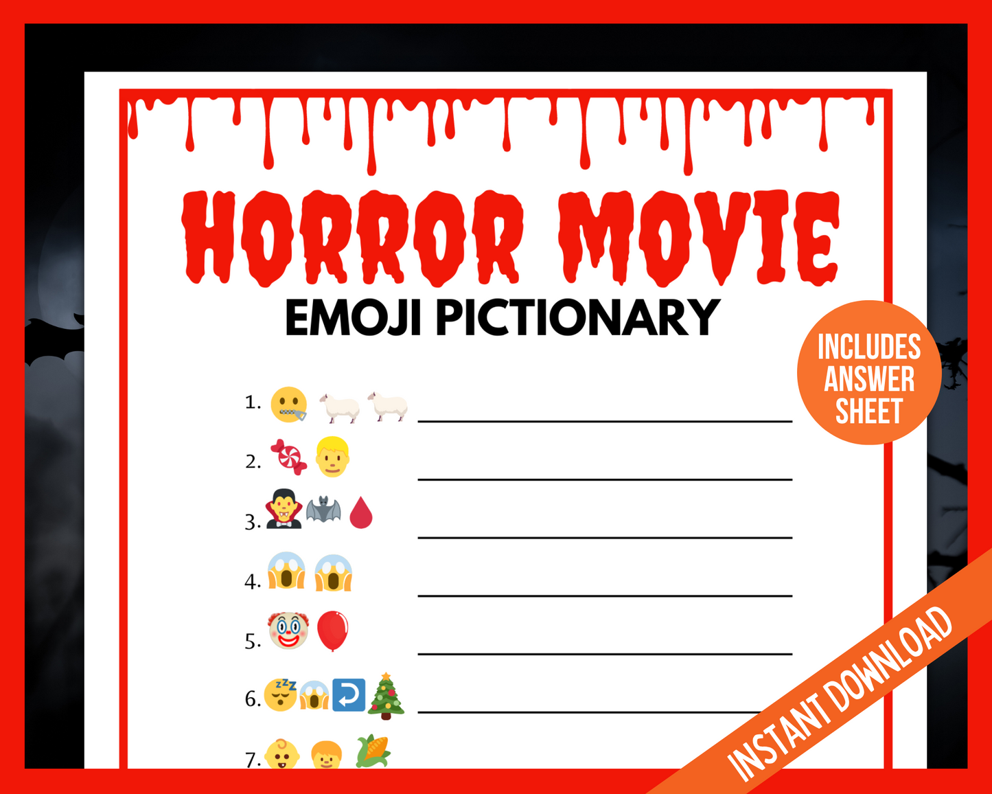 Horror Movie Emoji Pictionary Halloween Printable Game