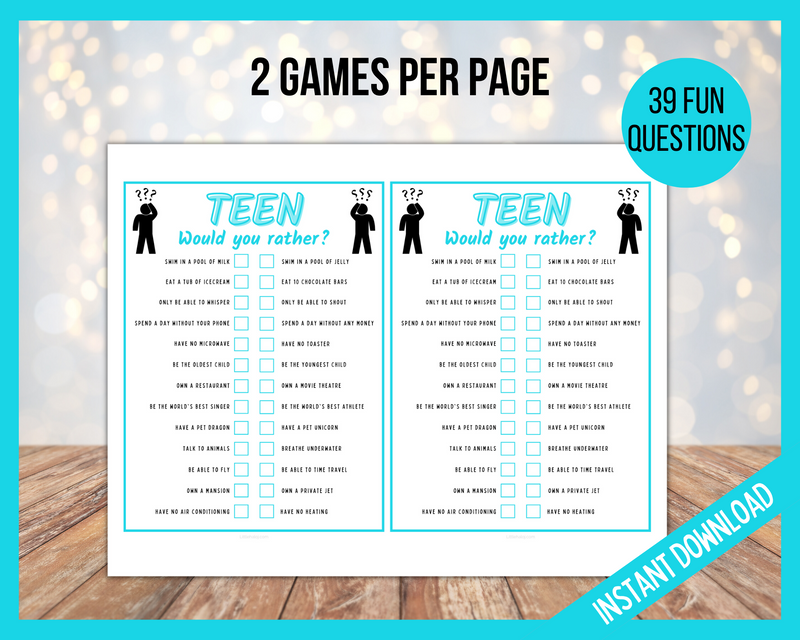 Teen would you rather, this or that printable games