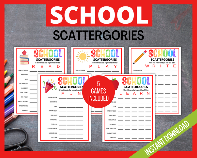 Printable School Scattergories word game for kids