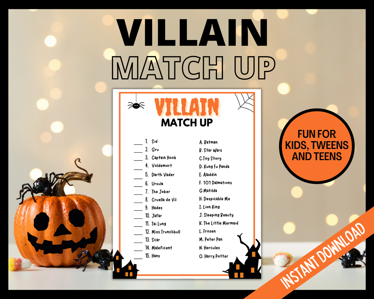 Movie Villain match up printable halloween game