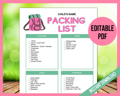 Editable Vacation/Camp Packing List