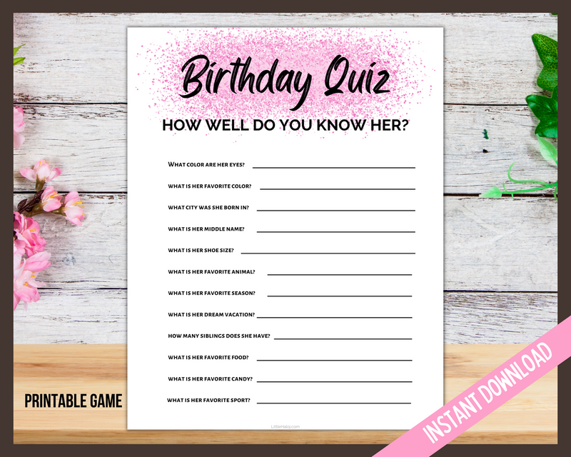 Birthday Girl Quiz printable Game