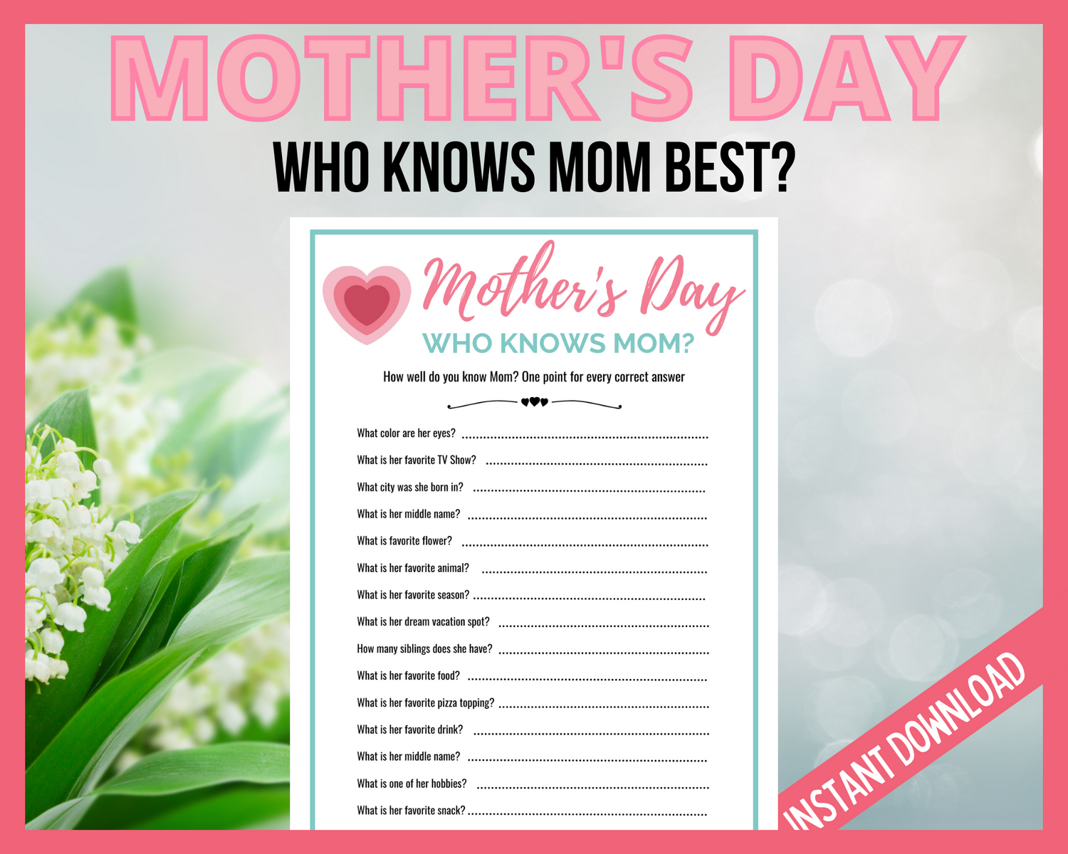 Who Knows Mom Best Mothers Day Printable Game