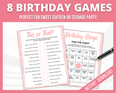 Teen Girl Pink Birthday Printable Games