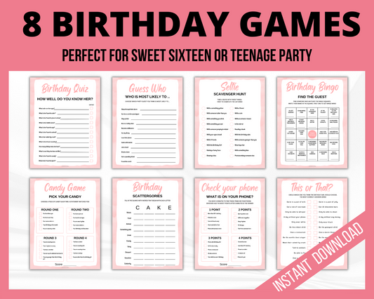 Printable Birthday Girl Games Bundle Sweet 16