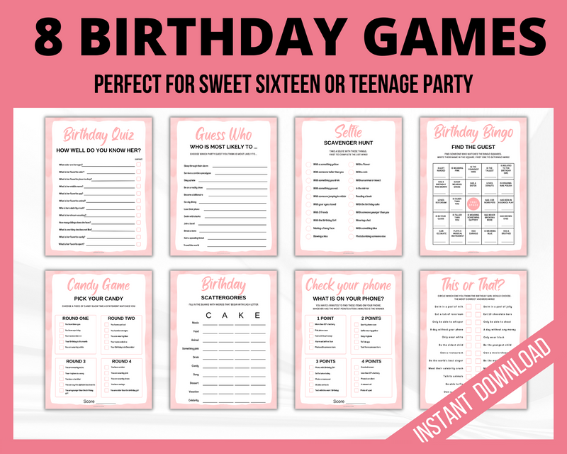 Printable Birthday Girl Games Bundle Sweet 16
