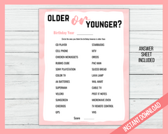 Older or younger printable game pink