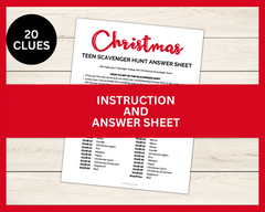 Instructions and answer sheet for Teen Christmas Treasure Hunt