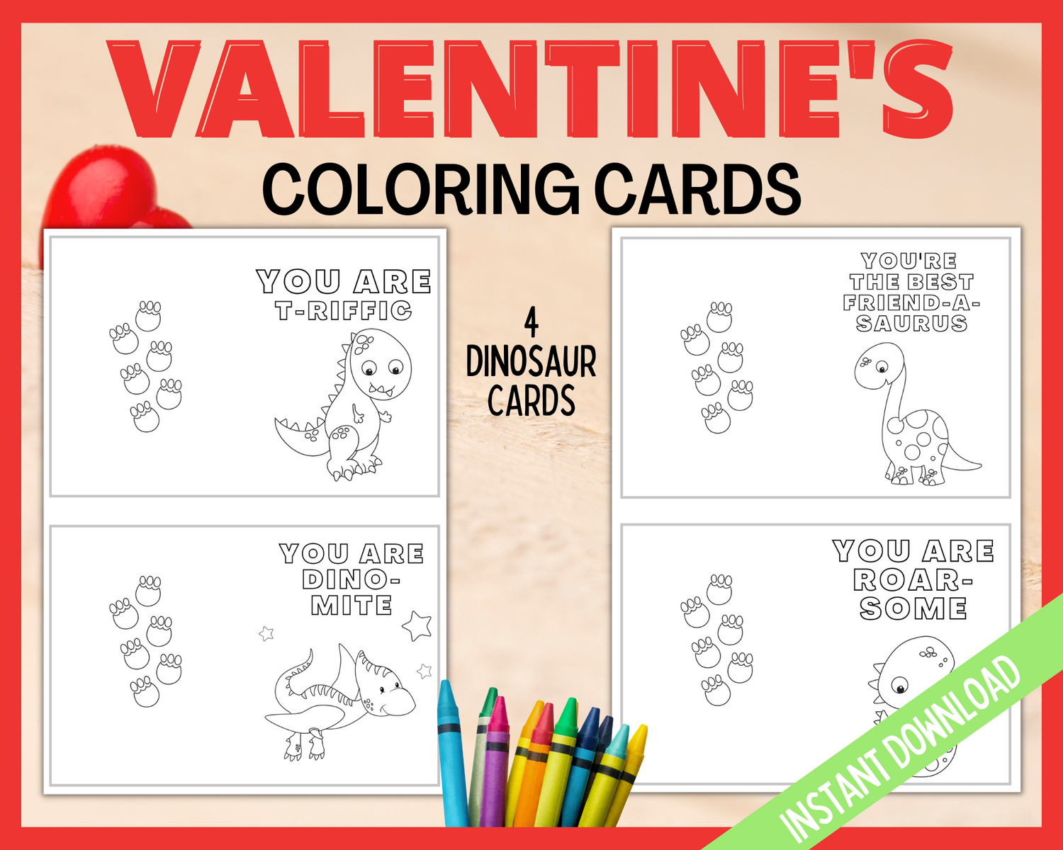 Dinosaur valentines coloring cards