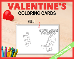 Dinosaur printable coloring cards for valentines day