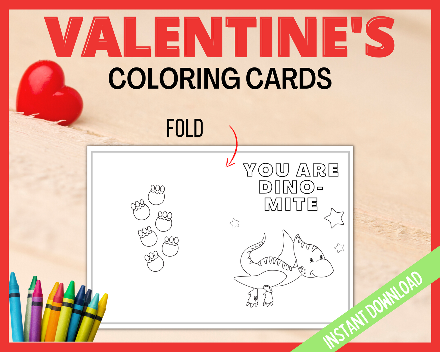 Dinosaur coloring cards for valentines day kids