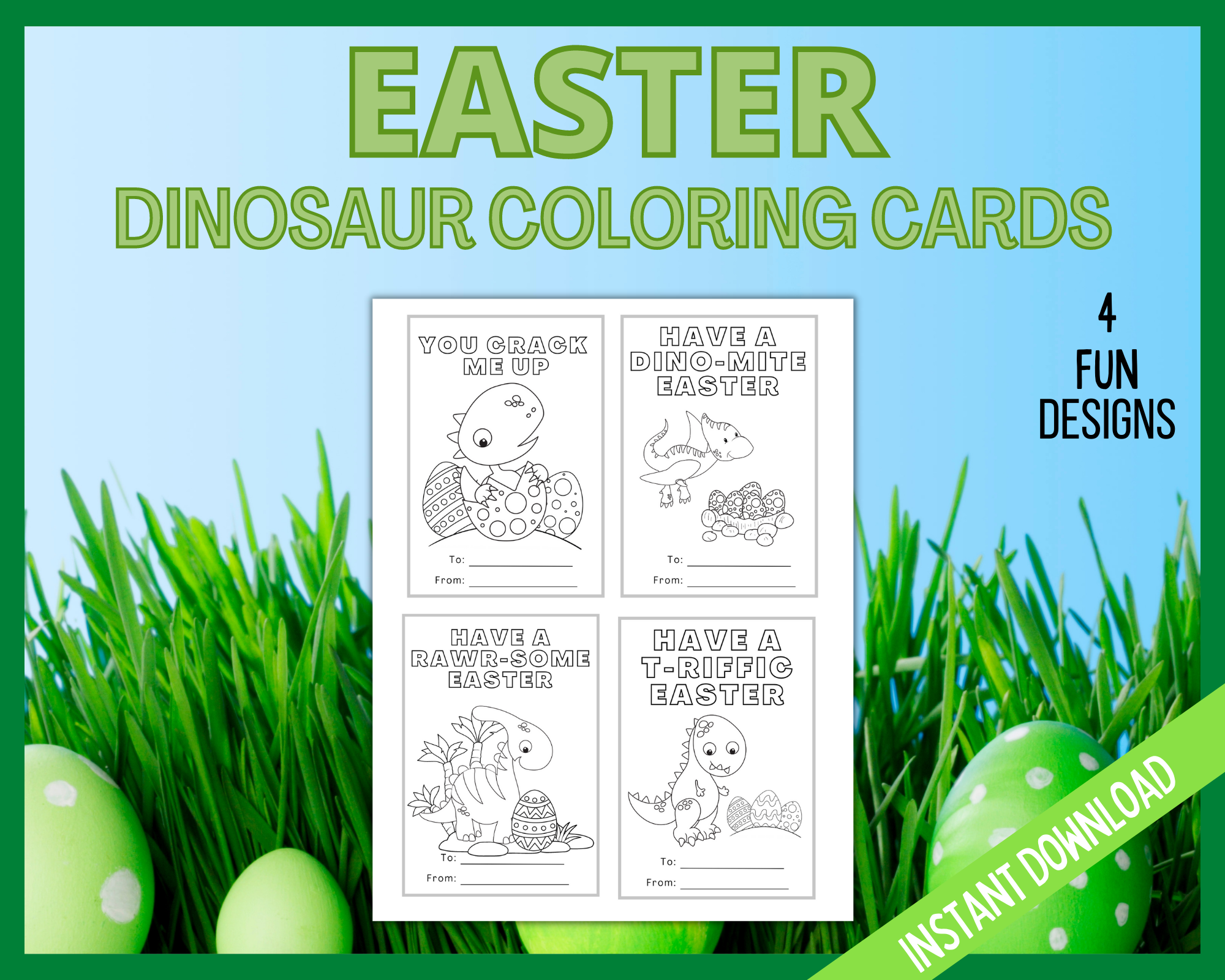 Dinosaur Easter Coloring Cards LittleHaloJ