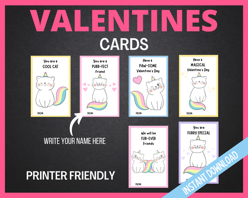 Printable Valentines day cute cat cards for kids