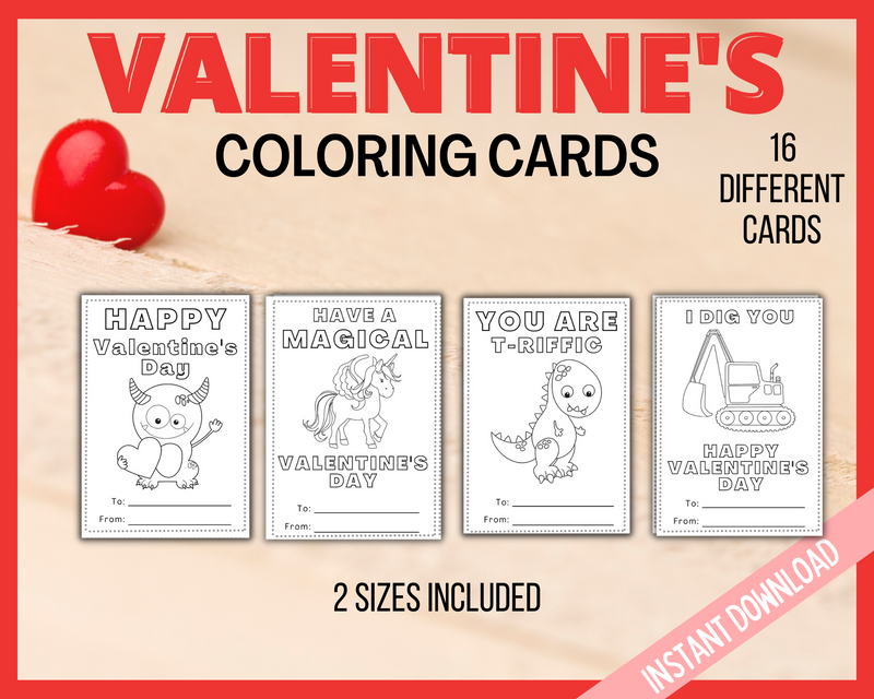 Valentines coloring cards activity for kids