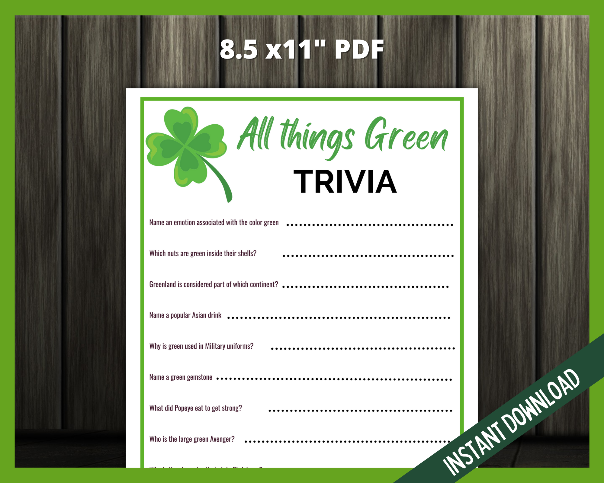 Free Printable Green Color Trivia Quiz with Answer Key