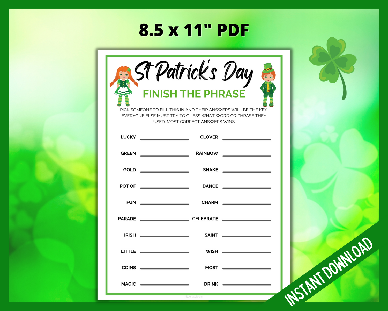 St Patricks Day finish the phrase printable game